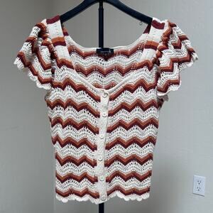 Crochet Knit Sweater Top Flutter Sleeve Open‎ Knit Coastal Boho Retro Brown XL